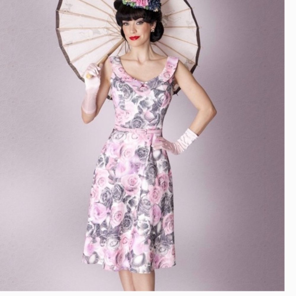 Tatyana Vintage-Inspired Pink and Gray Rose Midi Dress